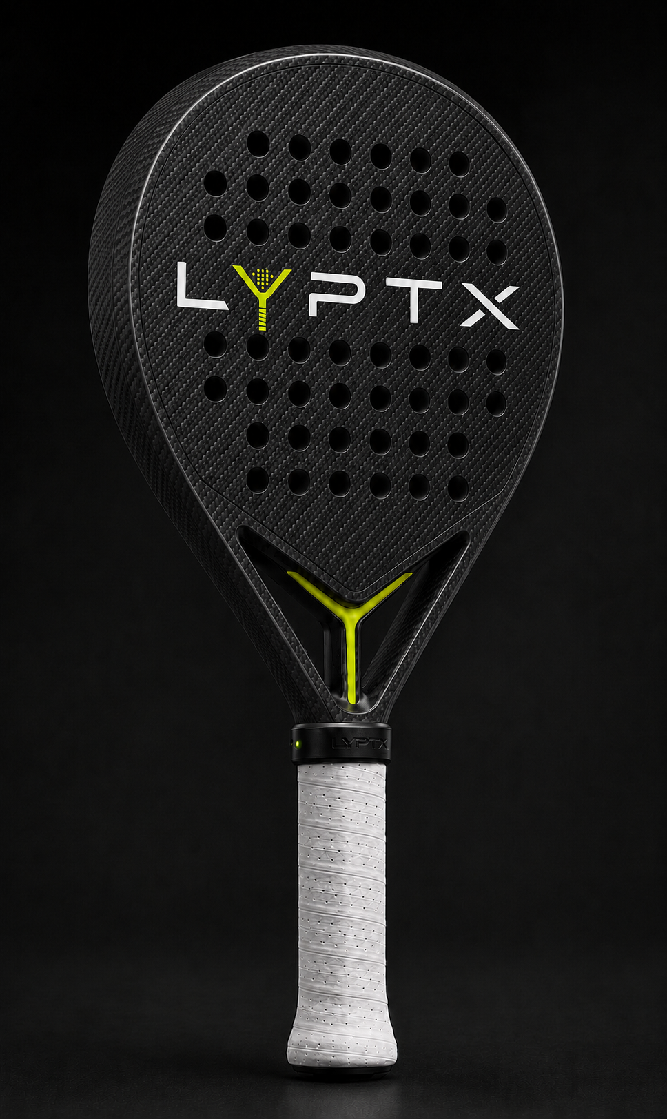 LYPTX ONE carbon-fiber padel racket with the LYPTX Ring installed directly below the throat